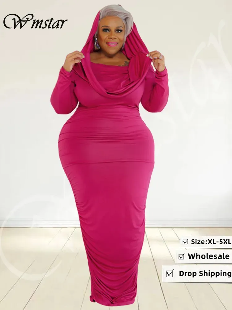 Robes Wmstar grande taille robes femmes solide épaule dénudée à manches longues drapé moulante Stretch élégant Maxi robe en gros livraison directe