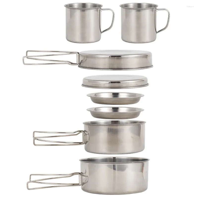Cookware Sets Outdoor Pot Bowl Kit 8PCS Stainless Steel Tableware Utensils Portable Set Camping Cooking Pan Kitchen Accessories