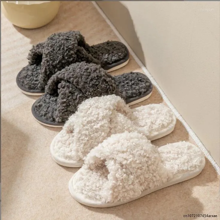 Slippers Winter Women Sequin Warm Plush Intersect Flip Flops Short Flats Home Cotton Shoes Suede Mules Ladies