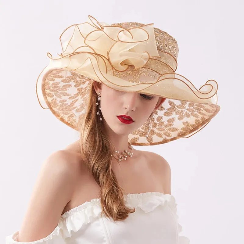 Summer Women Organza Wide Brim Travel Sun Hats Elegant Flowers Ladies Wedding Church Party Fedoras Hat 240309