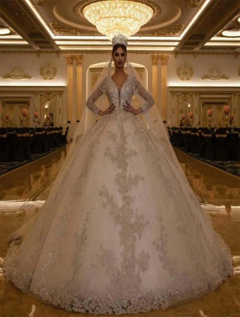 Arabische Dubai Ballkleid Brautkleider Luxus Lange Ärmel Applizierte Kristall Perlen Brautkleider V-ausschnitt Nach Maß Vestidos De Novia8192907