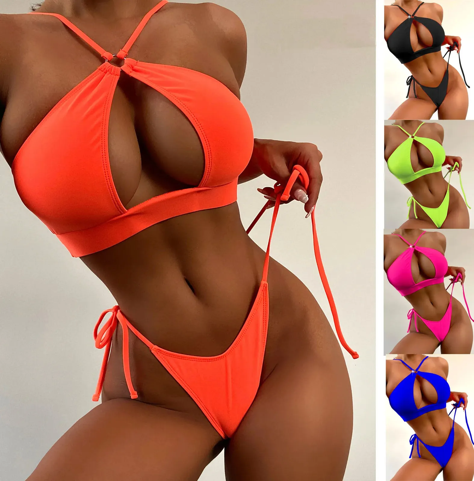 Costumi da bagno donna estate bikini tinta unita ritaglio croce cravatta costume da bagno diviso bikini sexy set abiti da spiaggia al mare di qualità 240311