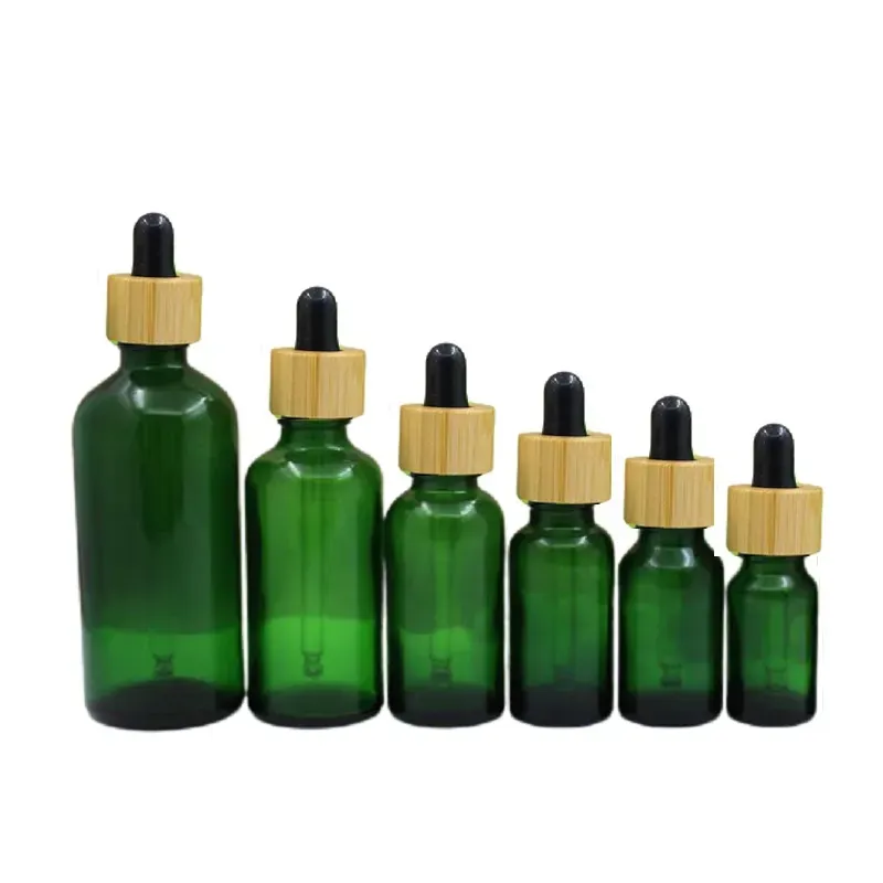 Clear Green Glass Dropper Bottle Bamboo Woode Lid 5ml 10ml 15ml 20ml 30ml 50ml 100ml Cosmetic Packaging Refillable Container Empty Essential Oil Vials