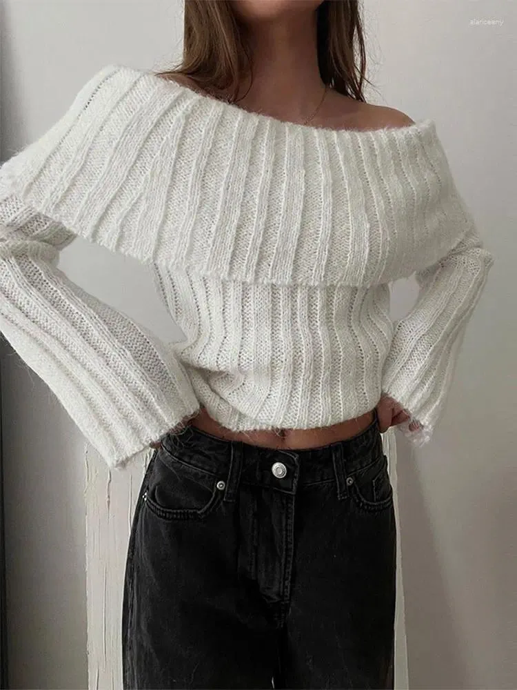 Women's Sweaters Rib Knit Off Shoulder Pullover For Women Fashion Long Sleeved White Warm Knitwear Sweater 2024 Autumn Chic Female Street