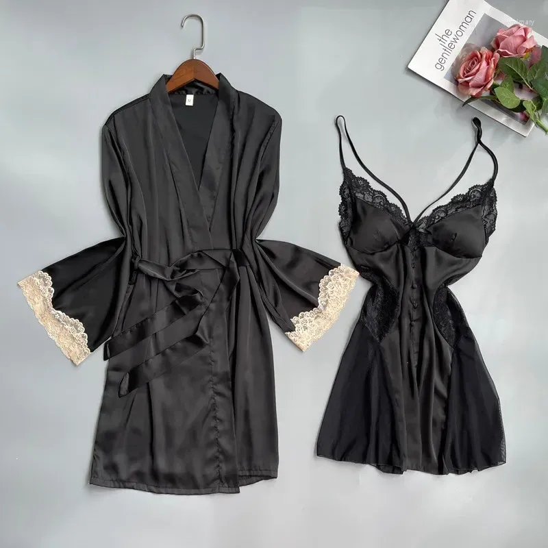 Women's Sleepwear Sexy Lace Bathrobe Gown Suit Womens Nighty&Robe Set Summer Rayon Female Kimono Nightgown Home Dress Loungewear