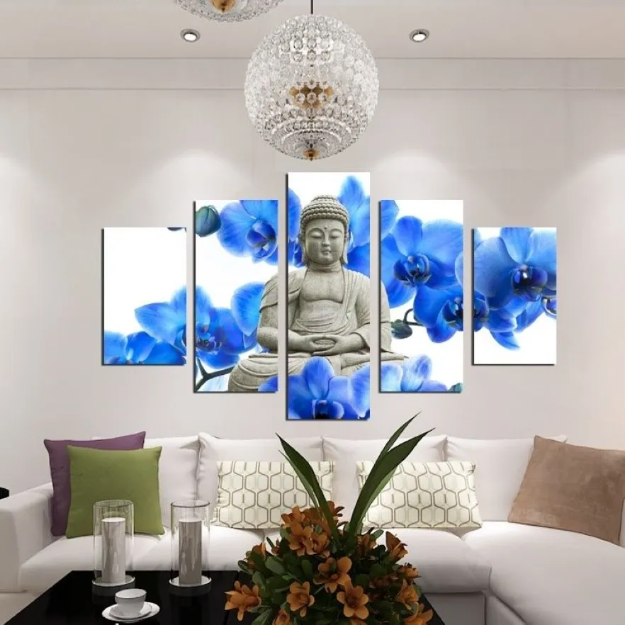 フレーム5パネルの大きな蘭の背景仏像Fengshui Canvas Art Wall Picture for Living Room Home Decor310y