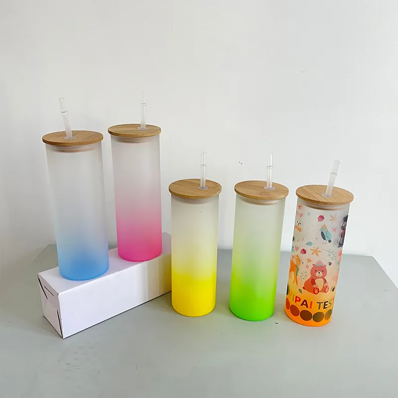 DIY 25oz straight blank sublimation frosted gradient ombre color borosilicate glass with bamboo lid and plastic straw for customized gifts