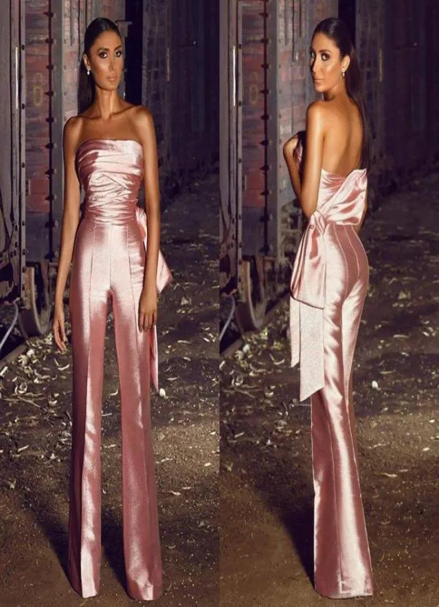 2020 Moda Macacão Vestidos de Noite Para Mulheres Calças SuitSatin Ruffles Big Bow Vestidos de Noite Custom Made Simples Prom Dress3715768