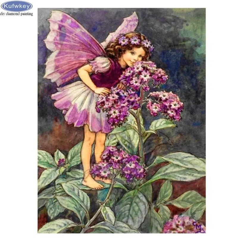 Diamond Målning 5D PURPL Flowers Girl Rhinestone Butterfly Fairy Cross Stitch DIY Embroidery Mosaic Sticker2670