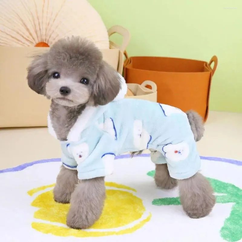 Vestuário para cães fácil de colocar no macacão de animais de estimação elegante inverno coral velo pijama padrão de desenhos animados quatro pernas pequeno