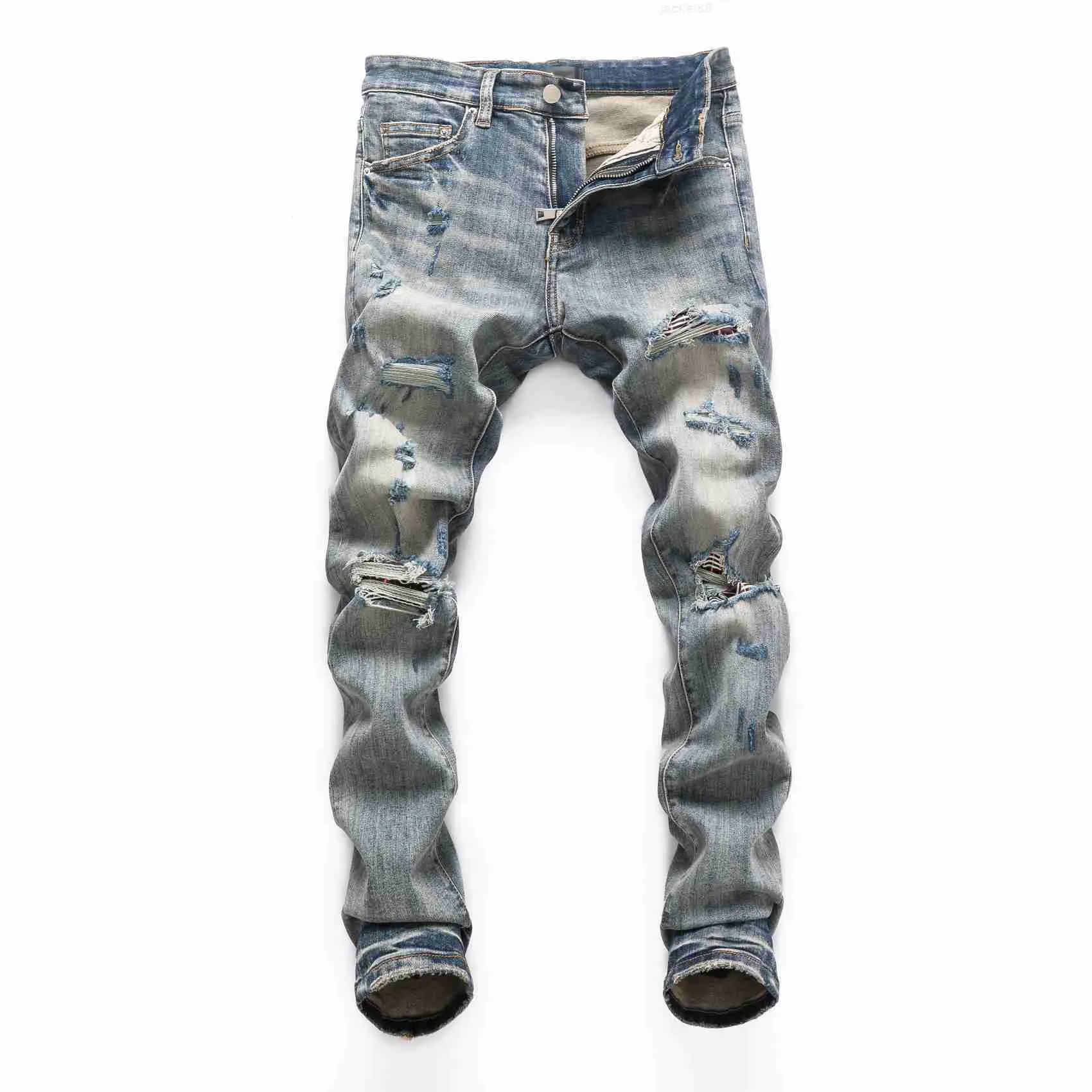 Rippad mode amirr mens jeans kläddesigner byxor ljus blå män smal denim rak cyklist hål hip jeans män3