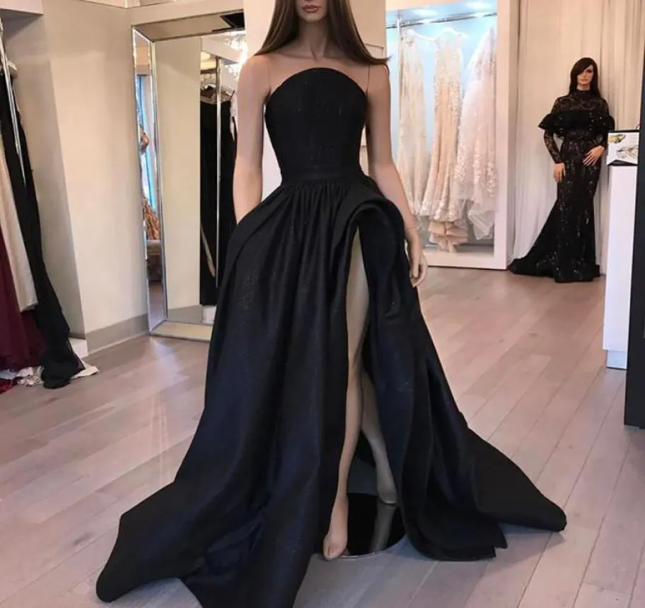New Black Prom Dresses Ball Gown Sweep Train High Slit Satin Sexy Party Maxys Long Prom Gown Evening Dress Robe De Soiree2295120