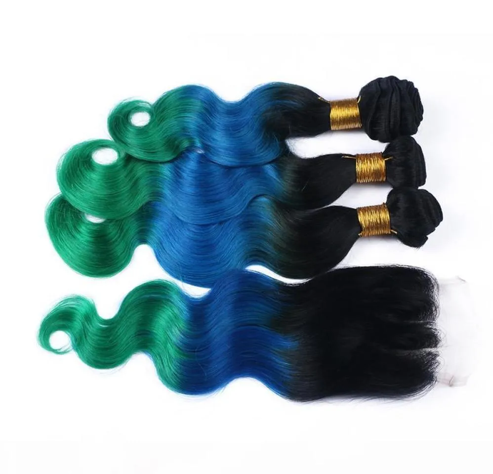 1B Blue Teal Ombre Brazilian Human Hair 3Bundles With Closure Three Tone Colored 4x4 Part Lace Closure With Brazilian Hair Bo1356948