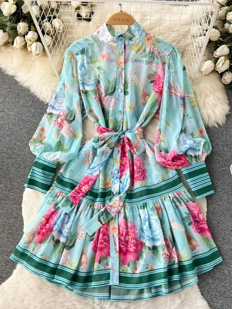 Casual Dresses 2024 Elegant Flower Chiffon Dress Women's Stand Collar Long Lantern Sleeve Floral Print Lace Up Loose Mini A Line Vestidos