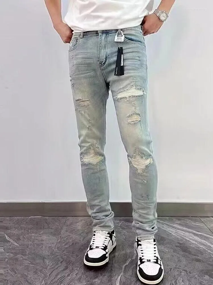 Heren jeans mode gescheurd casual stretch denim broek high street slank fit licht blauw hiphop streetwear man's broek