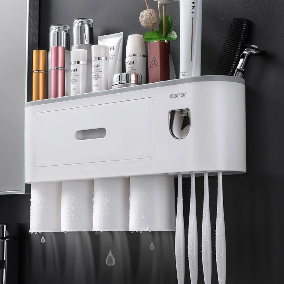 Portaspazzolino magnetico a parete Dispenser automatico di dentifricio Set di accessori per il bagno con tazza magnetica ad adsorbimento forte LJ250u