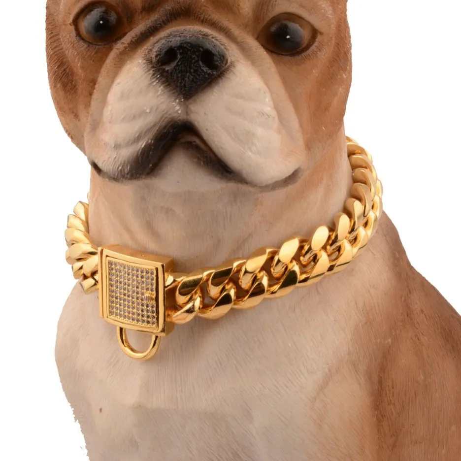 Cadena para perro con hebilla de diamante, Collar para perro de 14MM, cadena dorada de acero inoxidable para mascotas, accesorios para Collar de perro y gato 2880