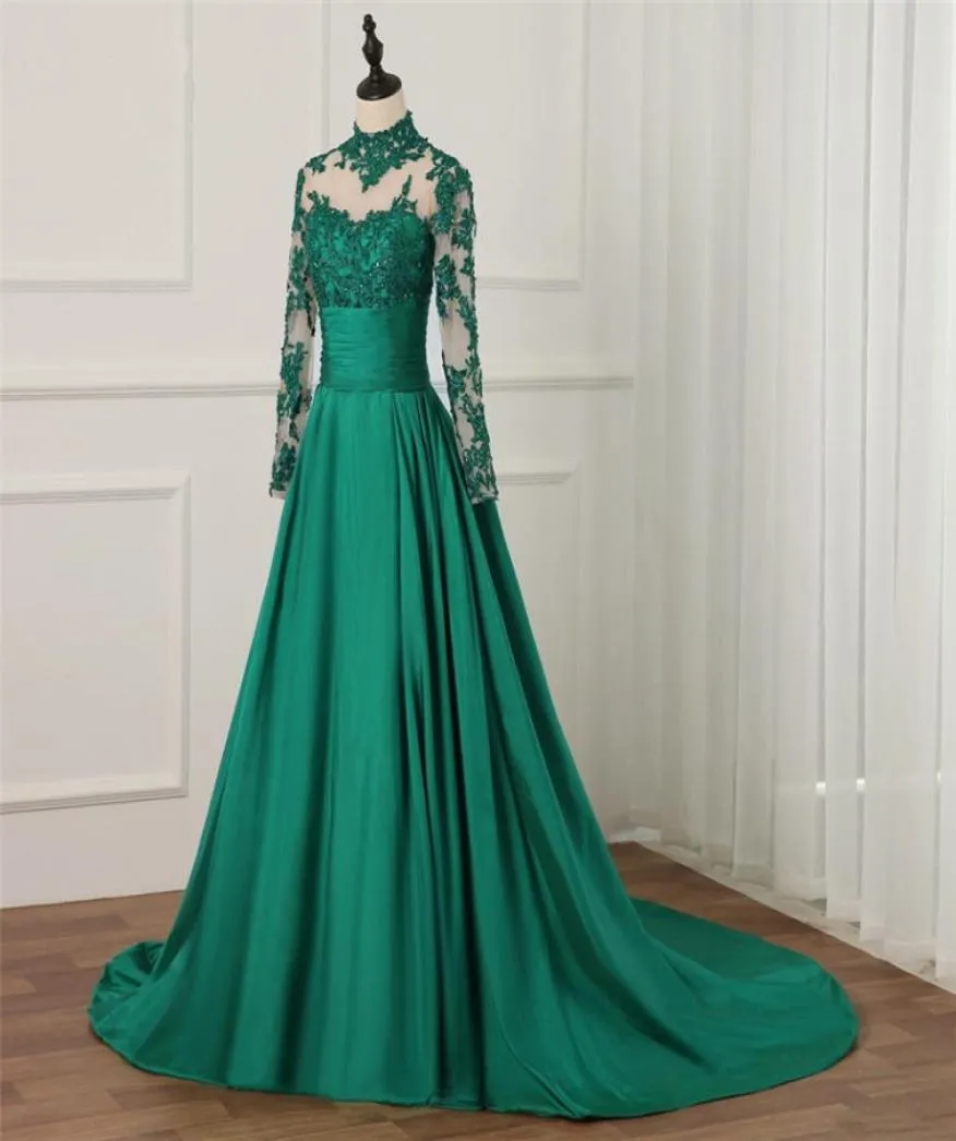 Verde esmeralda longo vestido de noite mangas gola alta apliques rendas frisado feminino sexy formal pageant vestido para festa de formatura 1431679