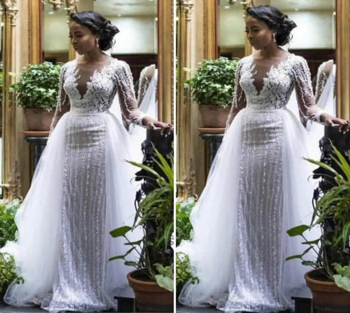 Luxo manga longa rendas vestidos de casamento com saia destacável ilusão aberto decote em v vestido de noiva vestido de noiva alta qualidade custo1123870