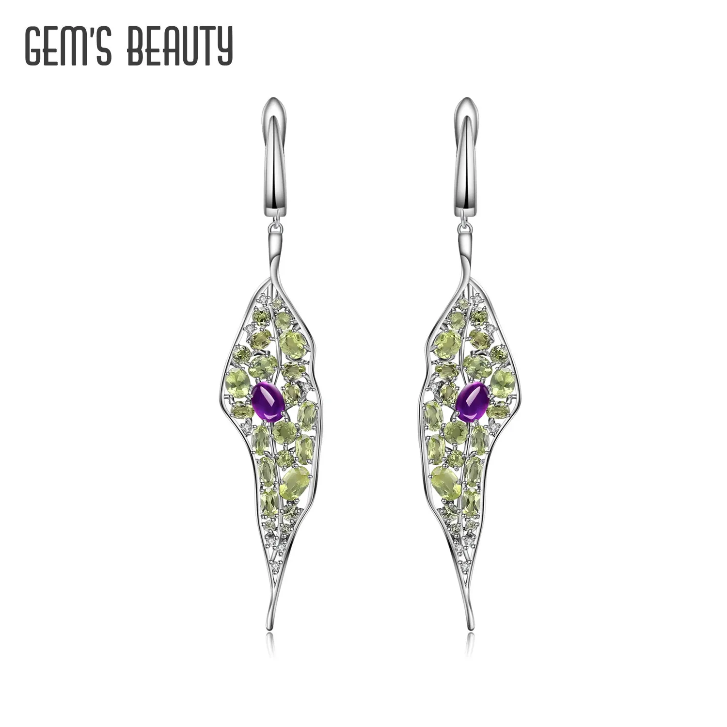 Gems Beauty Natural Ametist Yapraklar Eardrop 925 Gümüş Peridot Küpe Tasarımı Kadınlar İçin Güzel Takı Yıldönümü Hediyesi 240311
