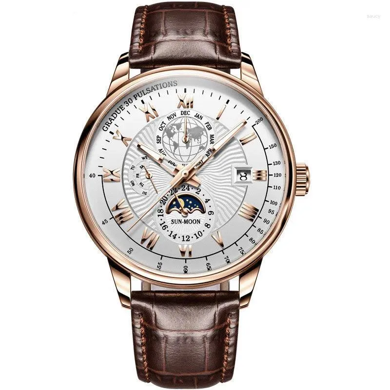 Horloges 2024 Heren Kalenderhorloge Vrije tijd en modieuze lederen band Quartz Luxe geschenkhorloge Drop