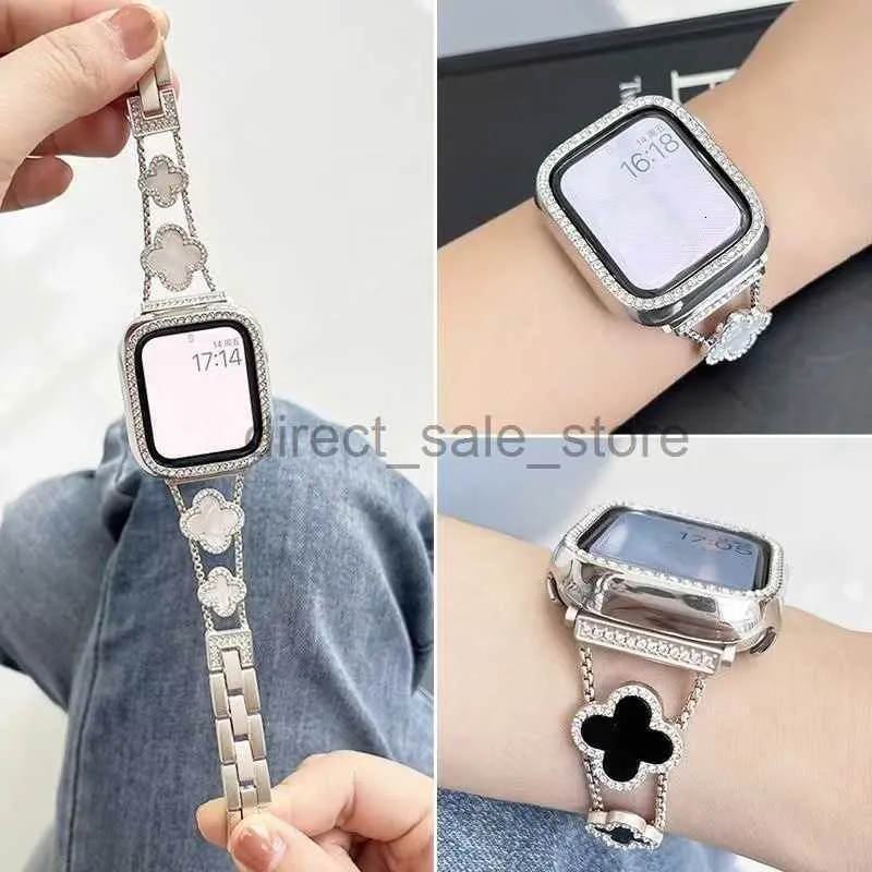 Small Fragrant Four-leaf Fritillary with Diamond Strap Band Link Bracelet Straps Metal Bands Watchband for Apple Watch Series 3 4 5 6 7 8 iWatch 38 40 44 41 45 49 mm