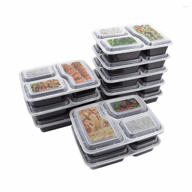 Take Out Containers 10Pcs Meal Prep 3 Compartment With Lids For Picnic Office ( Black )