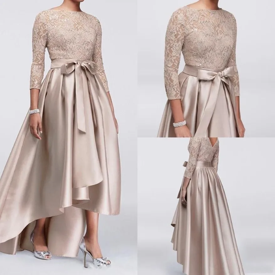 Nouveau Chic Champagne A-ligne Haut Bas Mère De La Mariée Robes Paillettes Dentelle Top Manches Longues Robes De Soirée Porter Pas Cher Mariage G267a