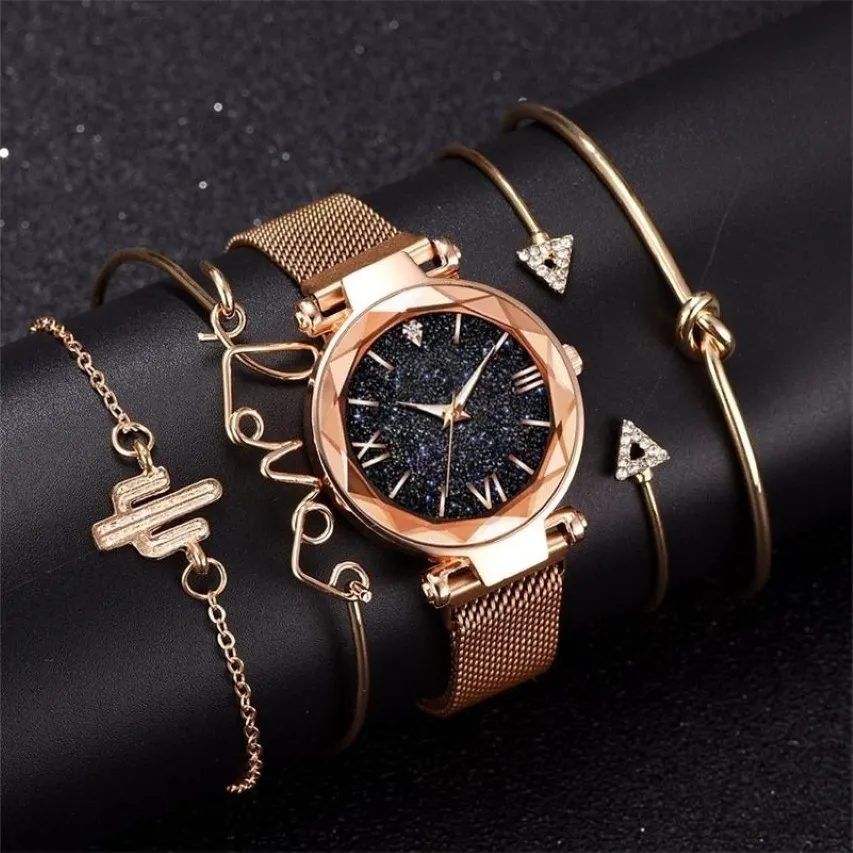 Fashion Bracelet Watches Women 5 Pcs Set Luxury Rose Gold Lady Watches Starry Sky Magnet Buckle Gift Watch for Female 201204265A