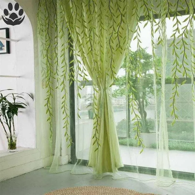 Vorhang-Vorhänge, moderne Tüllvorhänge, Weidenblätter, Fenster, Küche, grünes Blatt, transparent, Wohnzimmer, Schlafzimmer, DIY288U