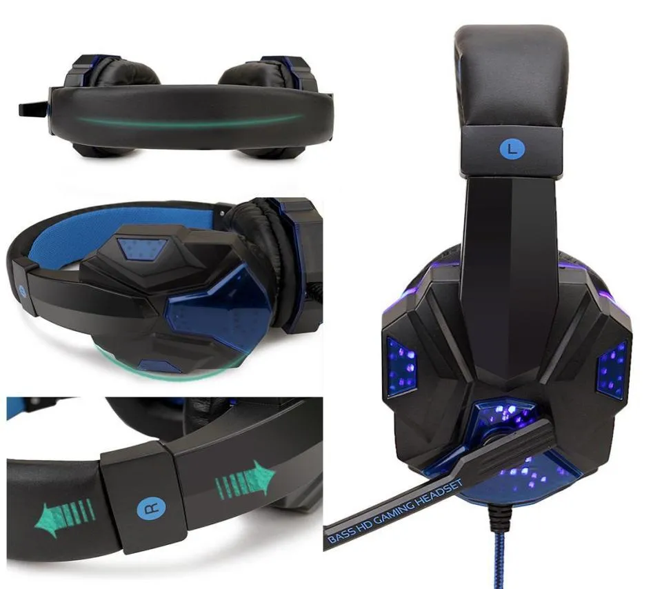 Casque de jeu professionnel à lumière LED pour ordinateur PS4 basse réglable stéréo PC Gamer sur l'oreille casque filaire avec micro cadeaux R6470679