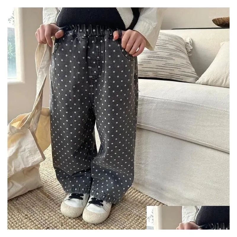 Hosen Kinder Kleidung 2024 Frühling Koreanische Stil Polka Dot Jeans Jungen und Mädchen Casual Gedruckt Gerade Bein Modische Denim Hosen OTF0Z