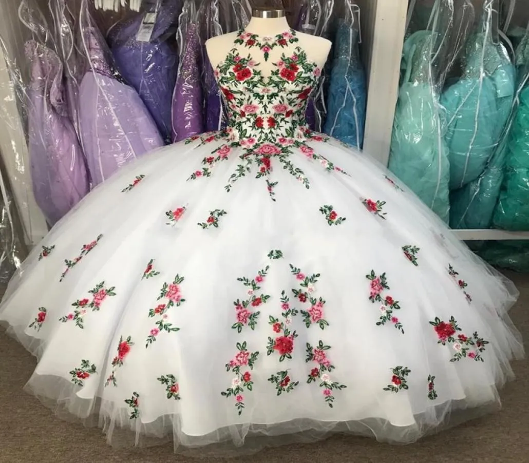 Fabulous White 3D Flowers Ball Gown Quinceanera Prom Dresses 2022 Embroidery Sheer Neck Keyhole Corset Back Sweet 16 Dress Vestido9669659