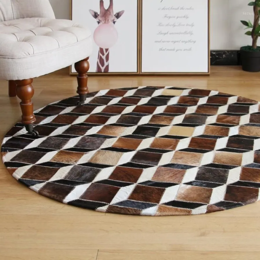 2020 New High Quality Patchwork Cowhide Rug Circle Cow Fur Carpet Leather Cow Hide Area Round Cowskin Carpet1233i