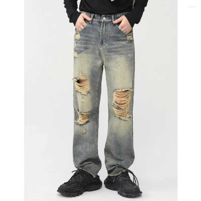 Heren Jeans 2024 Lente Vintage Casual Persoonlijkheid Retro Wassen Gaten Bedenken Rechte Koreaanse High Street Hip Hop Rits