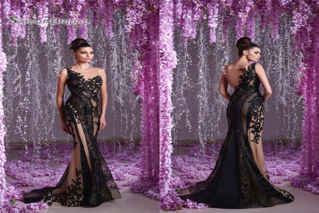 Sexig svart spets sjöjungfru aftonklänningar ärmlös Applique Tulle Women Pageant Party klänningar Long Prom Dress Vestidos de Novia4527856