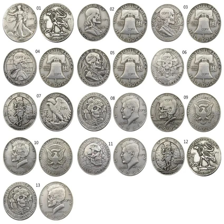 US Hobo Mix 13pcs Verschillende Types Walking Franklin Kennedy Craft Verzilverd Half Dollar schedel zombie skelet hand gesneden Copy253F