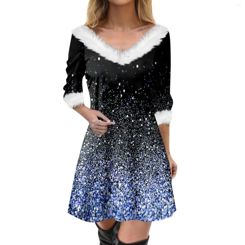 Robes décontractées Mode féminine Col en V Robe mince imprimée à manches longues Mini Soirée Robe Feminino Hiver Robes de Fiesta