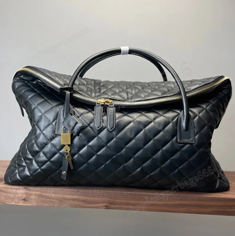 Borsa da viaggio gigante Es nera in pelle trapuntata da donna, uomo, designer, borsa maxi elastica, hardware in metallo, chiusura con zip, borsone da viaggio di grande capacità