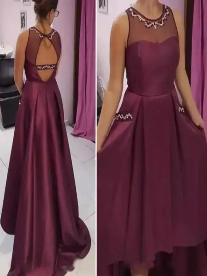 Bourgogne High Low Bridesmaid Dresses for Wedding 2018 Sheer Neck Backless Maid of Honor Gowns Sequins Pärlade formell festklänning CU3644090