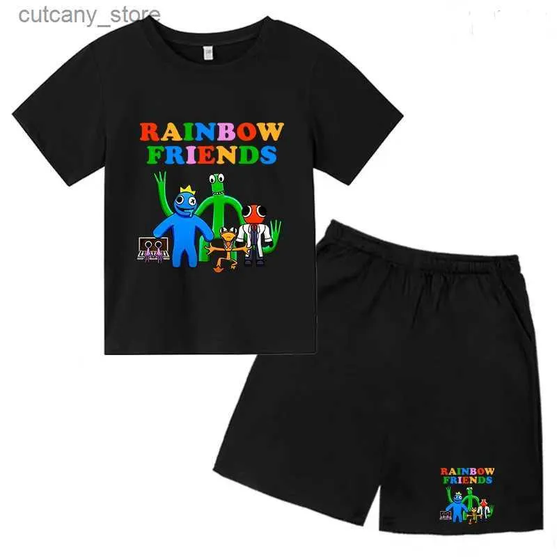 T-shirts Childrens 3-13Y T-shirt Rainbow Friend Game Funny Print Boys/Girls Baby Short sleeved Top+Shorts Birthday Gift Party Casual Set L240311