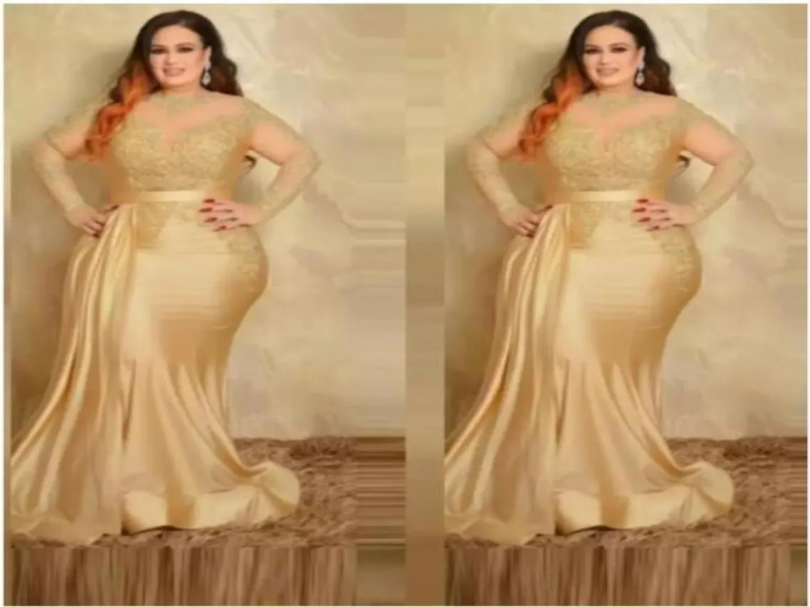2022 Золотое сексуальное вечернее платье больших размеров Элегантное с длинными рукавами Золотое кружево с высоким воротом Платье для особых случаев Mother9611242
