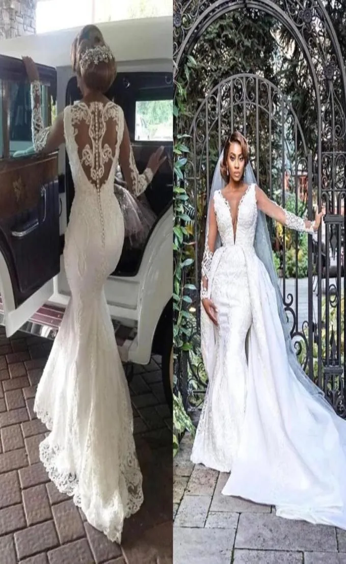 Abiti da sposa a sirena in pizzo con gonne sopra staccabili Applique in pizzo di lusso con perline maniche lunghe Abiti da sposa taglie forti BC28983385115