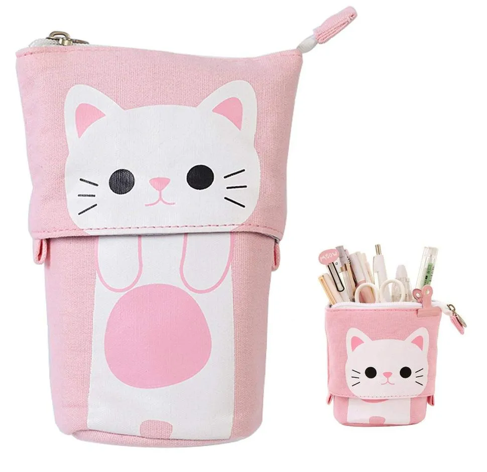 Transformer Stand Store Pencil Holder Canvas PU Cat Telescopic Pencil Pouch Bag Stationery Pen Case Box with Zipper Cartoon Design5023842