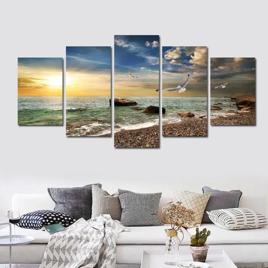 5 piezas de arte de pared lienzo puesta de sol mar cuadro artístico de pared lienzo pintura al óleo decoración de pared del hogar cuadros para sala de estar sin marco 303C