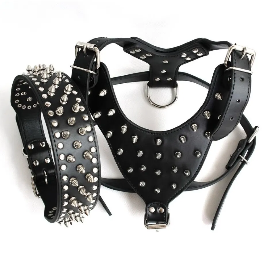 Helbrun stor spikedstudded läderhund Harnesscollar set för pit bull mastiff262b