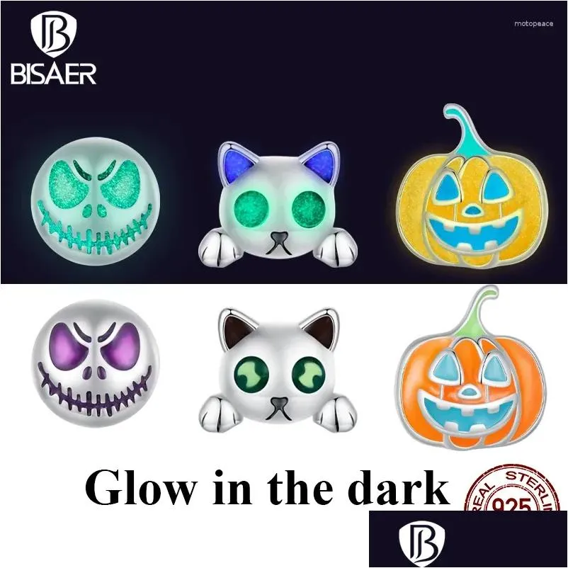 Kolczyki stadninowe BISAER 925 Sterling Sier Mini Dyni Luminous Enomel Ear Clip dla dziewczyny Halloween Party Oryginalny biżuteria Drop dostanie Otsuh