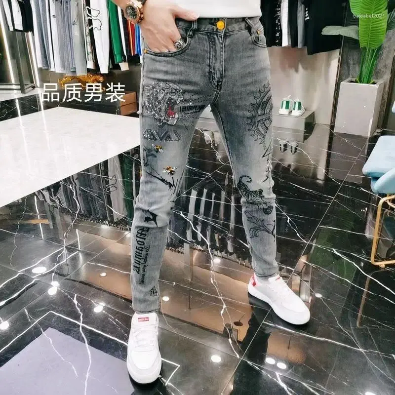 Men's Jeans High-end European Korean Slim Fit with Tiger Diamond Print for Casual Wear Spring Autumn Stretch Clothing Men