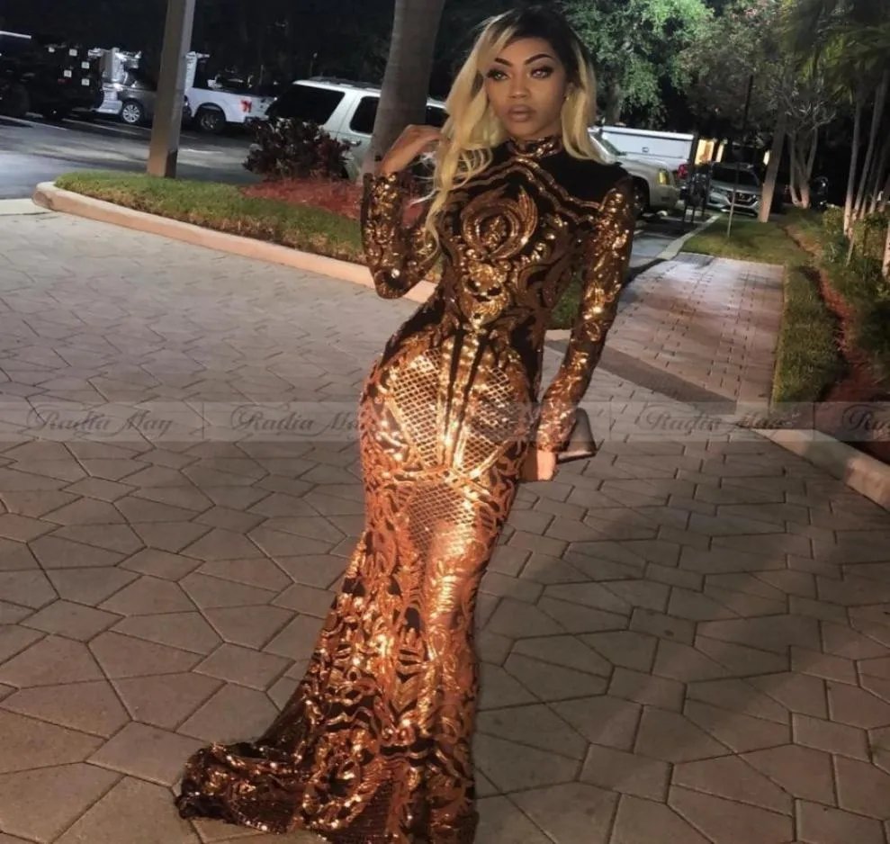 Işıltılı altın ve siyah deniz kızı balo elbiseleri uzun kollu 2019 gerçek görüntü yüksek boyunlu payetler dantel Müslüman Arap akşam elbiseleri8455333