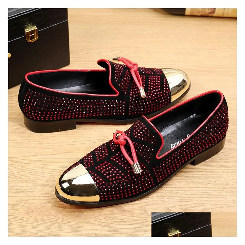 Wedding Shoes Casual Formal For Men Black Genuine Leather Tassel Gold Metallic Mens Studded Loafers 3 Colors234K Drop Delivery Party Dhhav